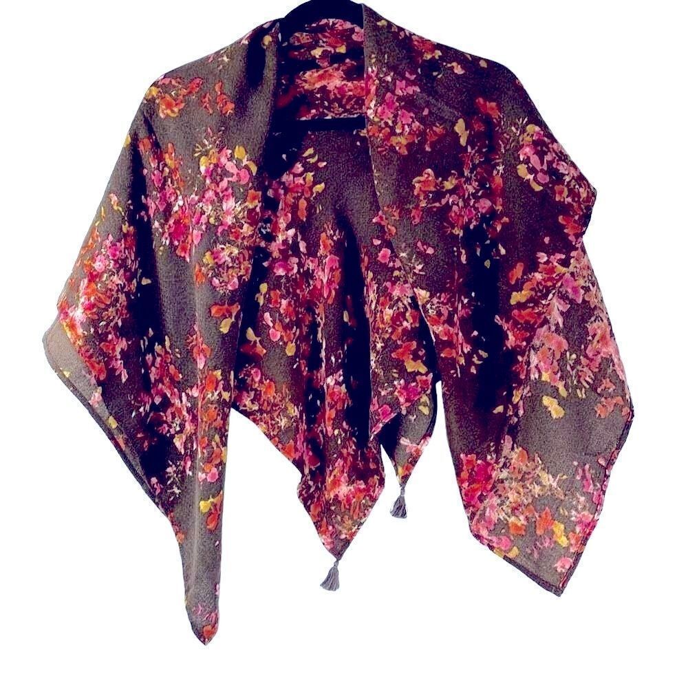 Brown with pink & green almost square scarf w 2 tassels on opposite corners